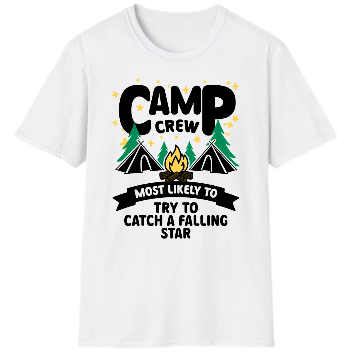 Camp crew falling star design with campfire, tents, trees, and stars on gray background in White
