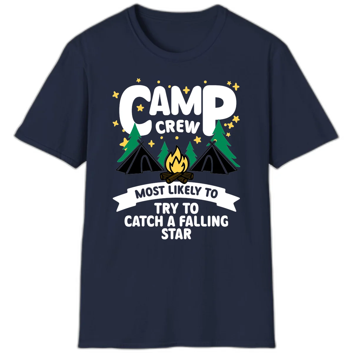 Camp crew falling star design with campfire, tents, trees, and stars on gray background in Navy