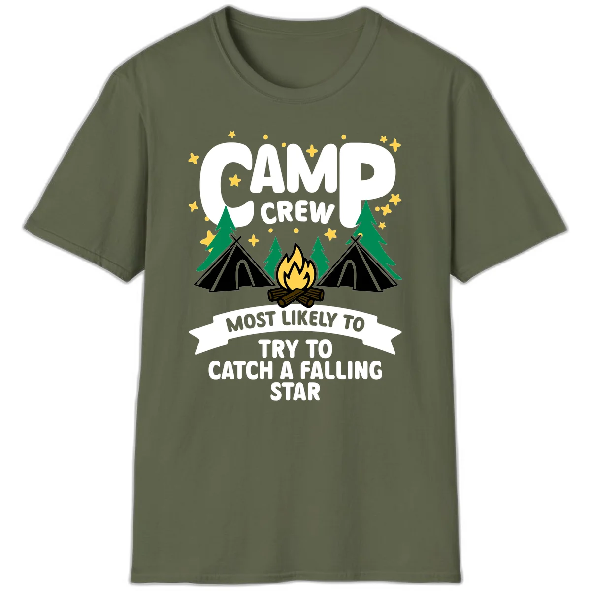 Camp crew falling star design with campfire, tents, trees, and stars on gray background in Military Green