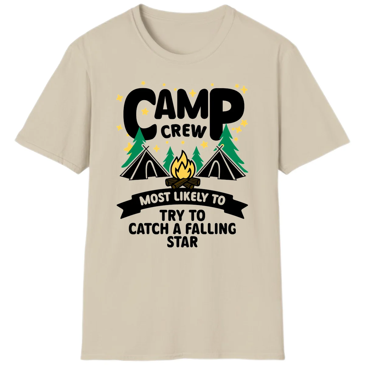 Camp crew falling star design with campfire, tents, trees, and stars on gray background in Sand
