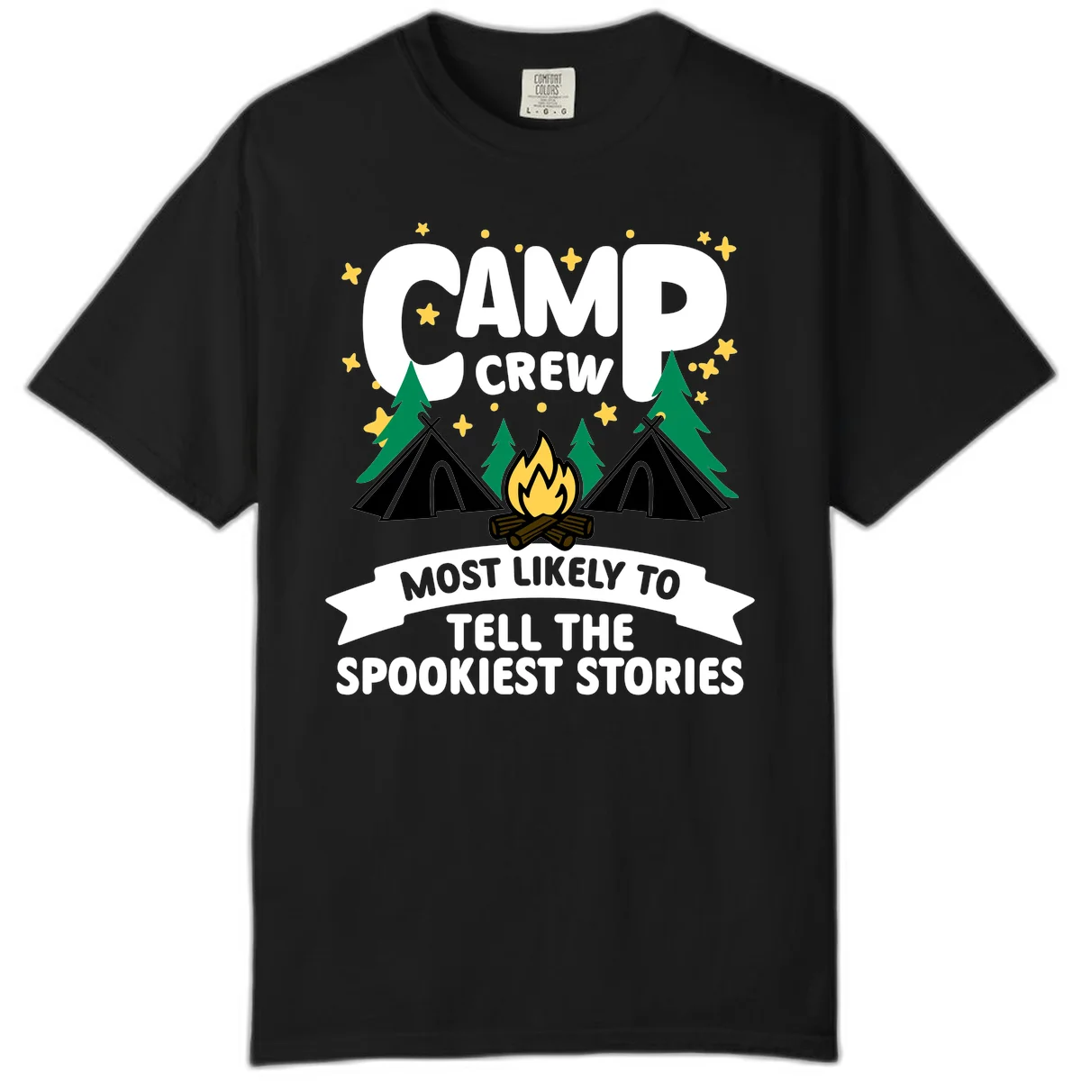 Camp crew spooky stories design: campfire with teepees, trees, and stars with text about telling the spookiest stories in Black