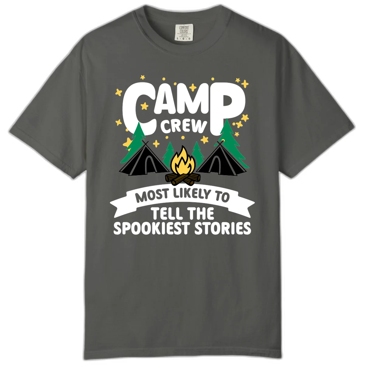 Camp crew spooky stories design: campfire with teepees, trees, and stars with text about telling the spookiest stories in Pepper