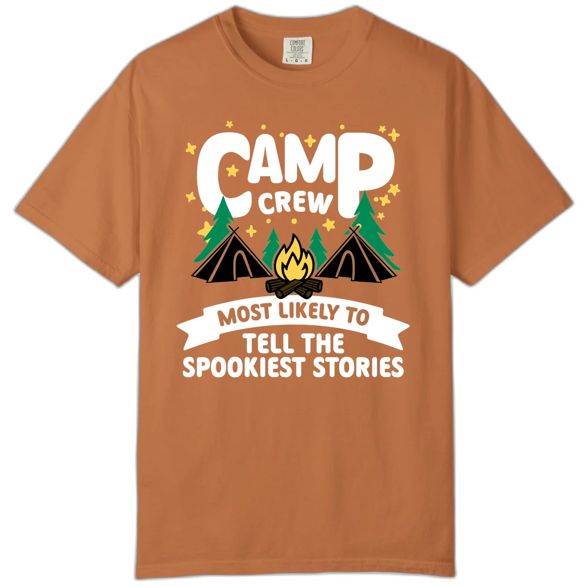 Camp crew spooky stories design: campfire with teepees, trees, and stars with text about telling the spookiest stories in Yam