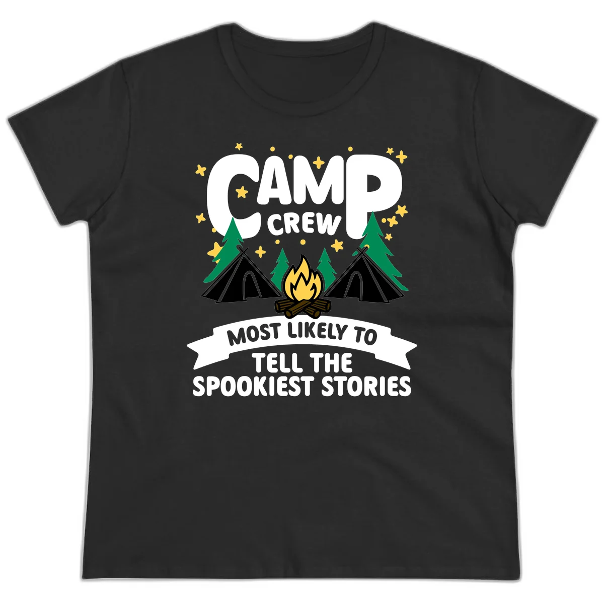 Camp crew spooky stories design: campfire with teepees, trees, and stars with text about telling the spookiest stories in Black