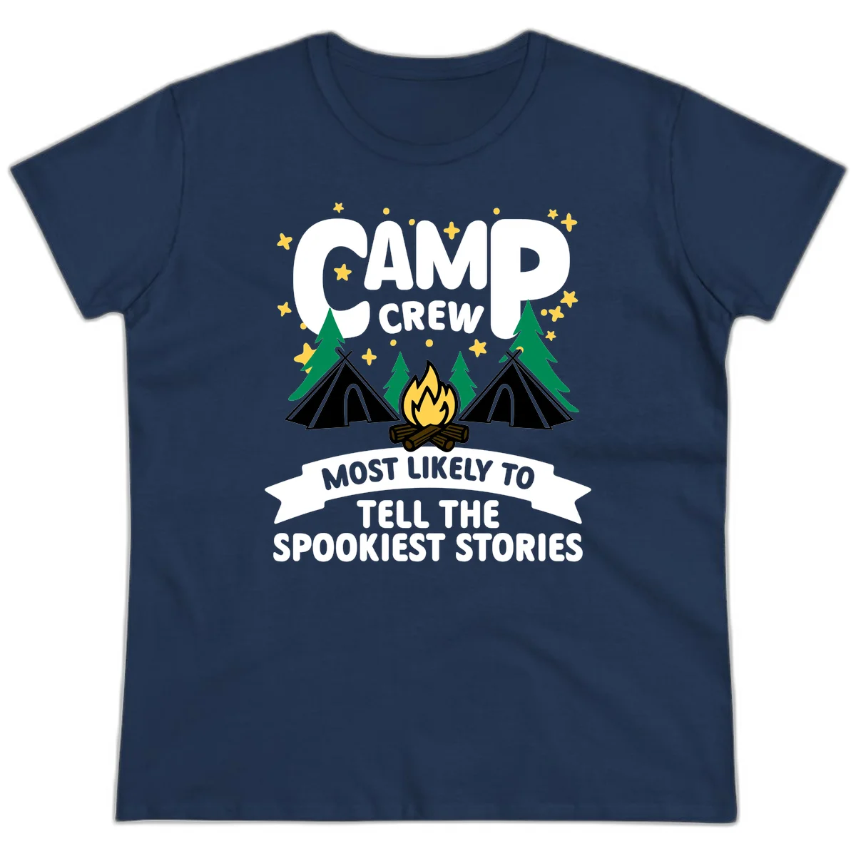 Camp crew spooky stories design: campfire with teepees, trees, and stars with text about telling the spookiest stories in Navy