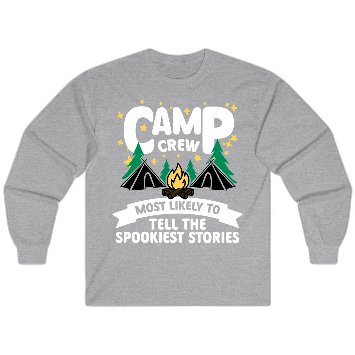 Camp crew spooky stories design: campfire with teepees, trees, and stars with text about telling the spookiest stories in Sport Grey