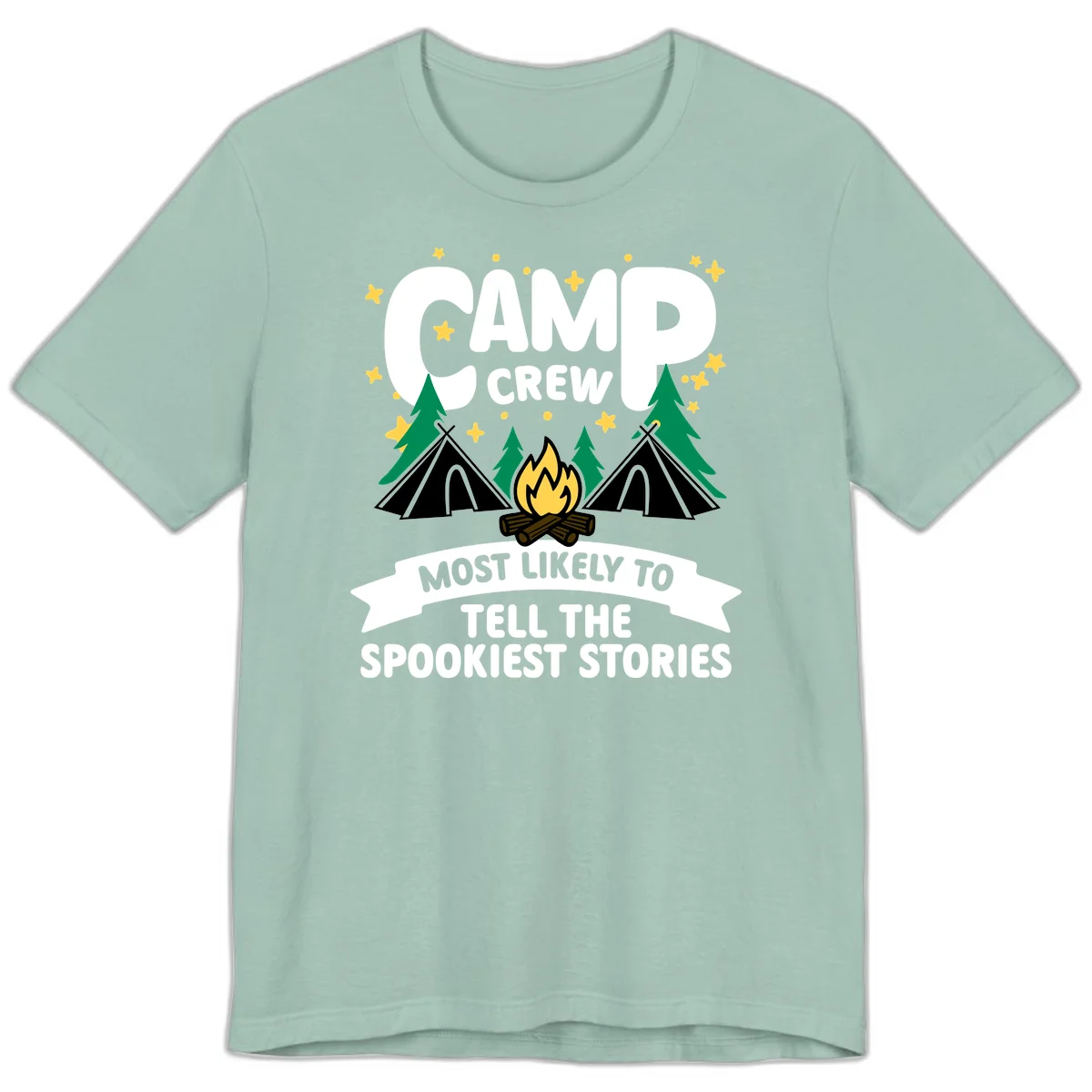 Camp crew spooky stories design: campfire with teepees, trees, and stars with text about telling the spookiest stories in Dusty Blue