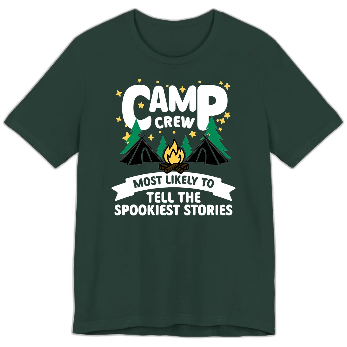 Camp crew spooky stories design: campfire with teepees, trees, and stars with text about telling the spookiest stories in Forest