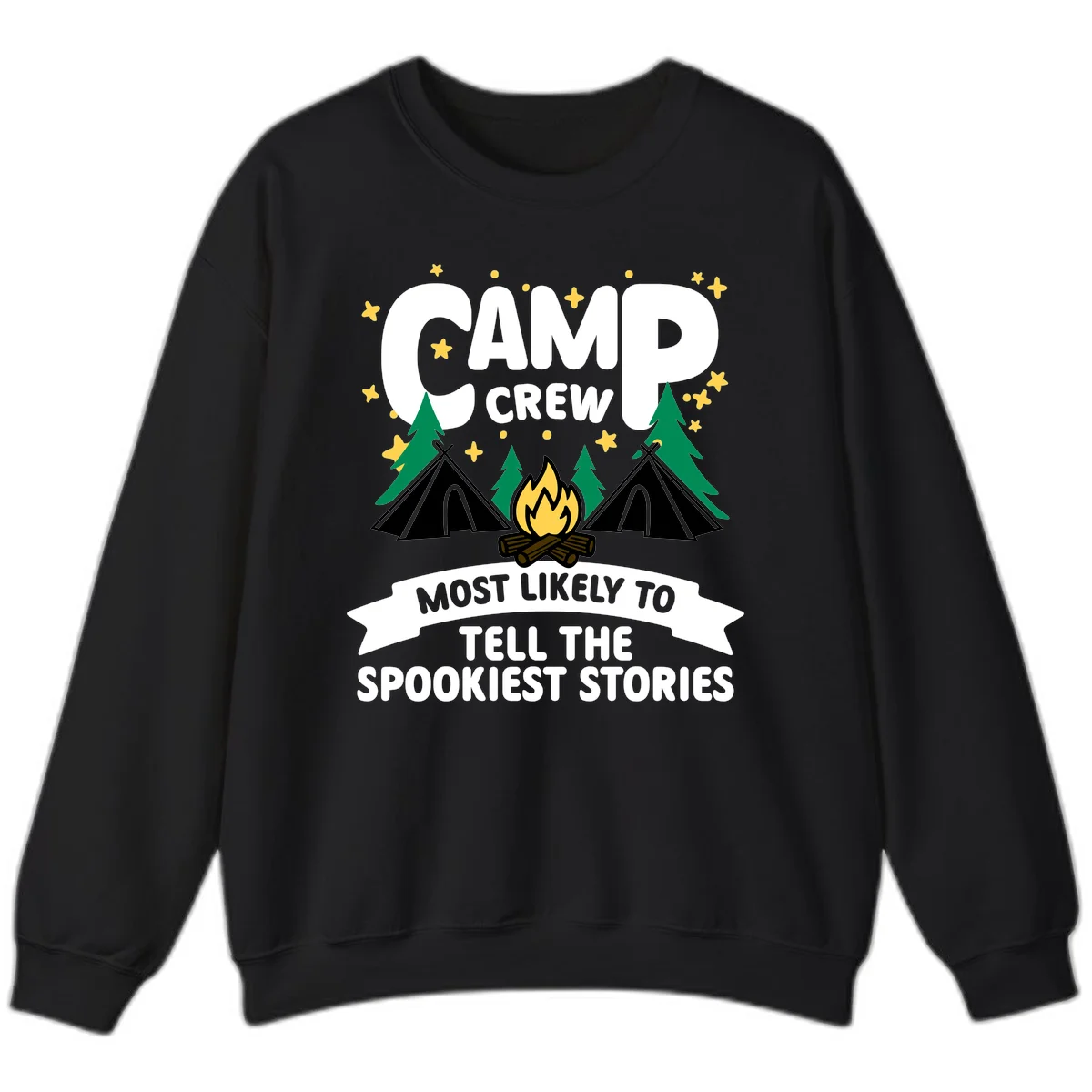 Camp crew spooky stories design: campfire with teepees, trees, and stars with text about telling the spookiest stories in Black