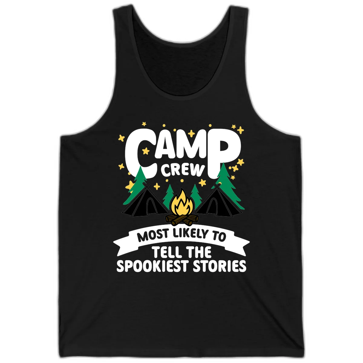 Camp crew spooky stories design: campfire with teepees, trees, and stars with text about telling the spookiest stories in Black