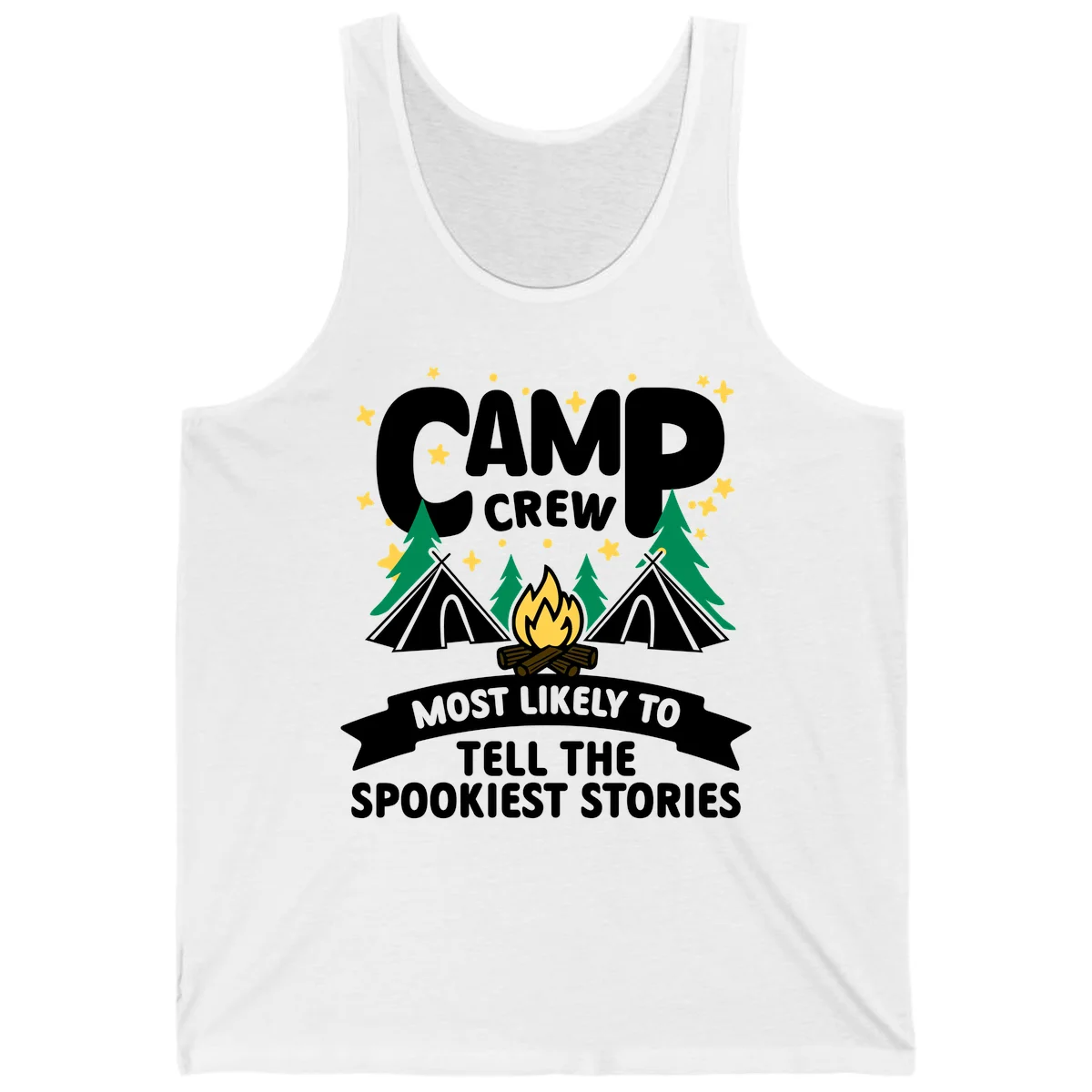Camp crew spooky stories design: campfire with teepees, trees, and stars with text about telling the spookiest stories in White