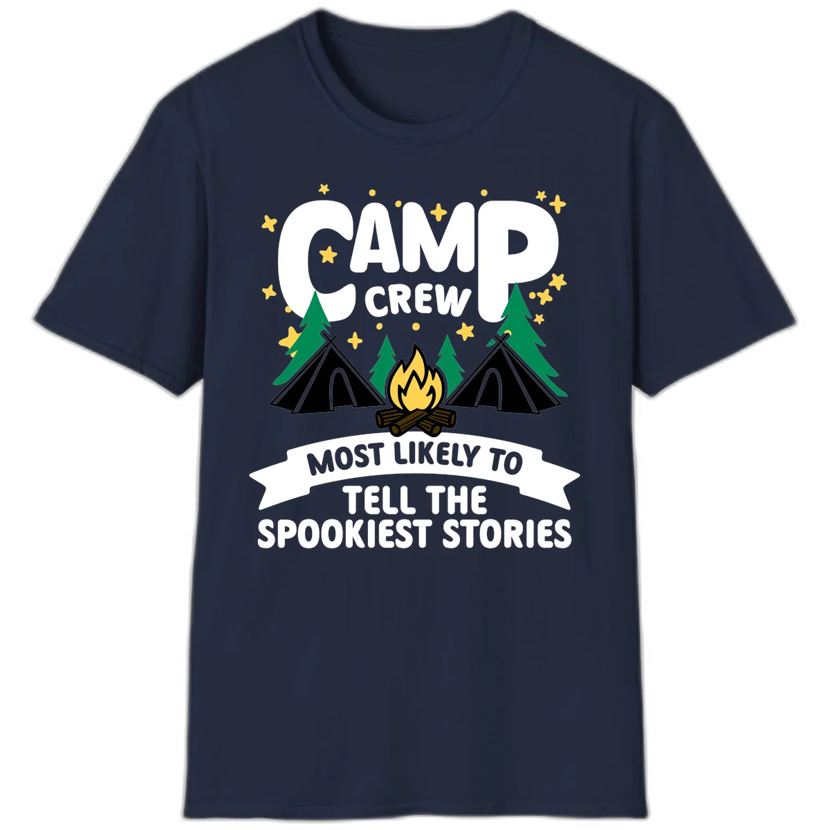 Camp crew spooky stories design: campfire with teepees, trees, and stars with text about telling the spookiest stories in Navy