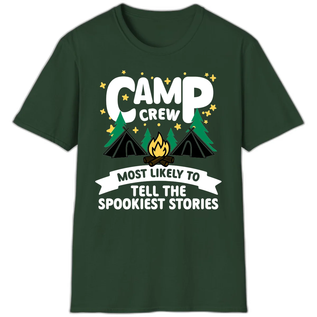 Camp crew spooky stories design: campfire with teepees, trees, and stars with text about telling the spookiest stories in Forest Green