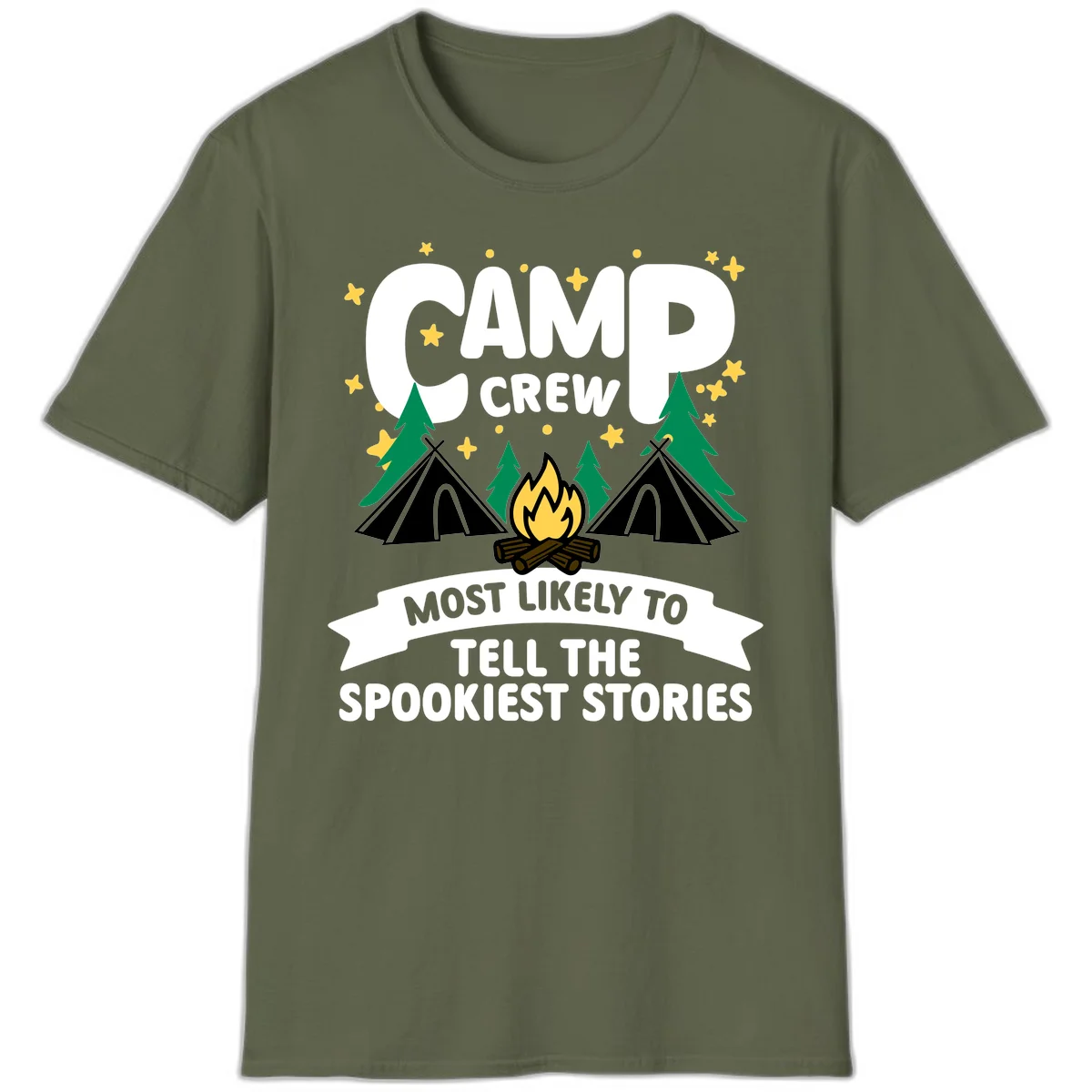 Camp crew spooky stories design: campfire with teepees, trees, and stars with text about telling the spookiest stories in Military Green