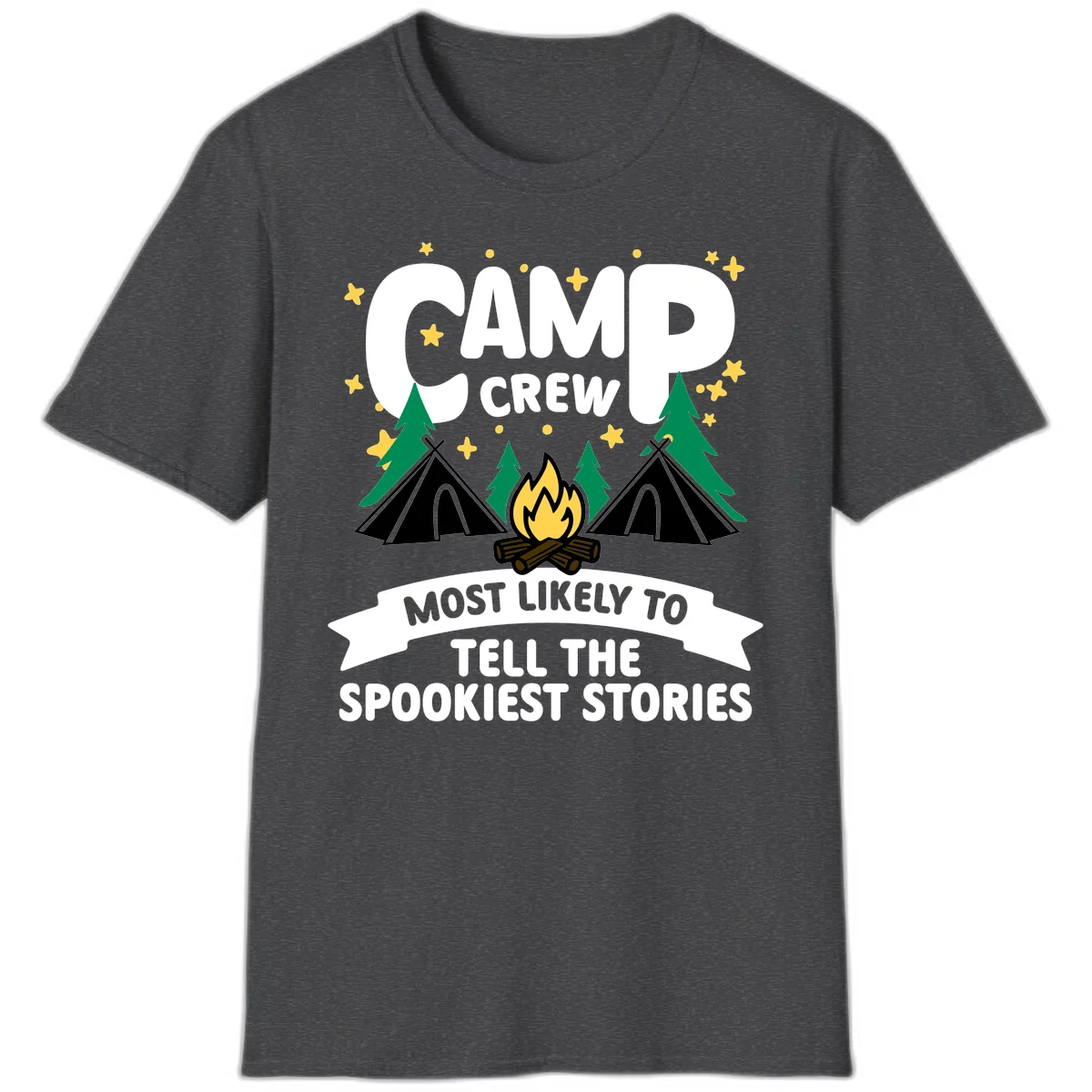 Camp crew spooky stories design: campfire with teepees, trees, and stars with text about telling the spookiest stories in Dark Heather
