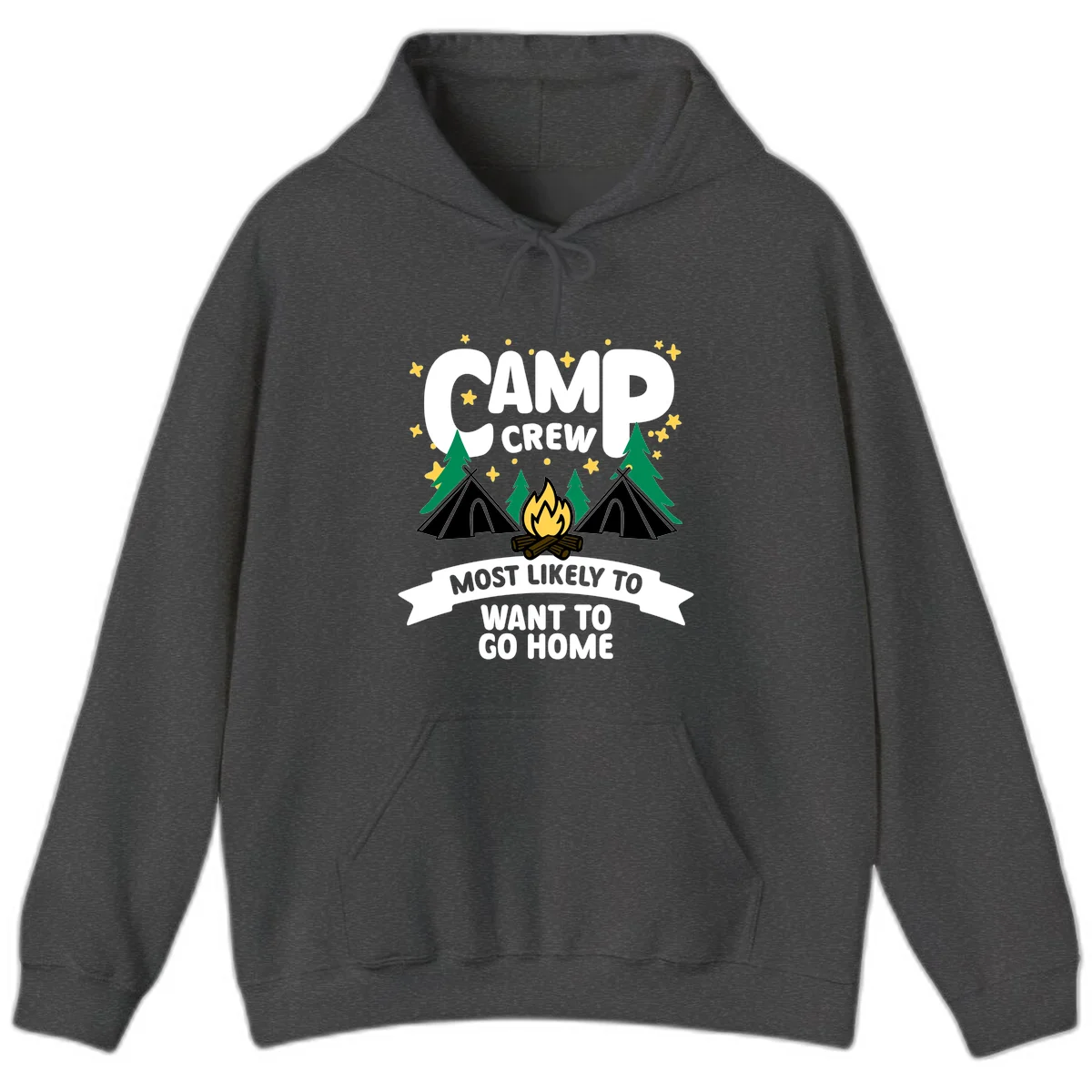 Camp crew most likely to want home design with campfire, teepees, trees and stars on gray background in Dark Heather