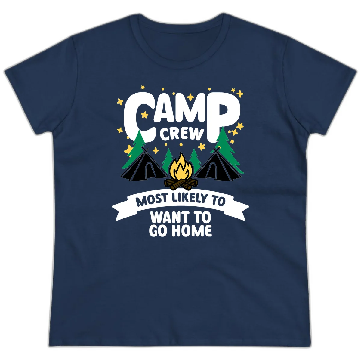Camp crew most likely to want home design with campfire, teepees, trees and stars on gray background in Navy