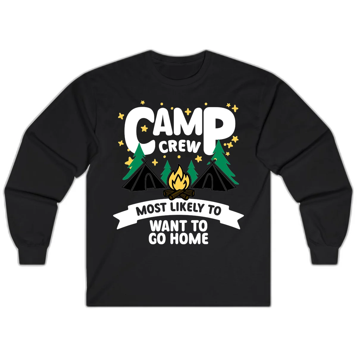 Camp crew most likely to want home design with campfire, teepees, trees and stars on gray background in Black