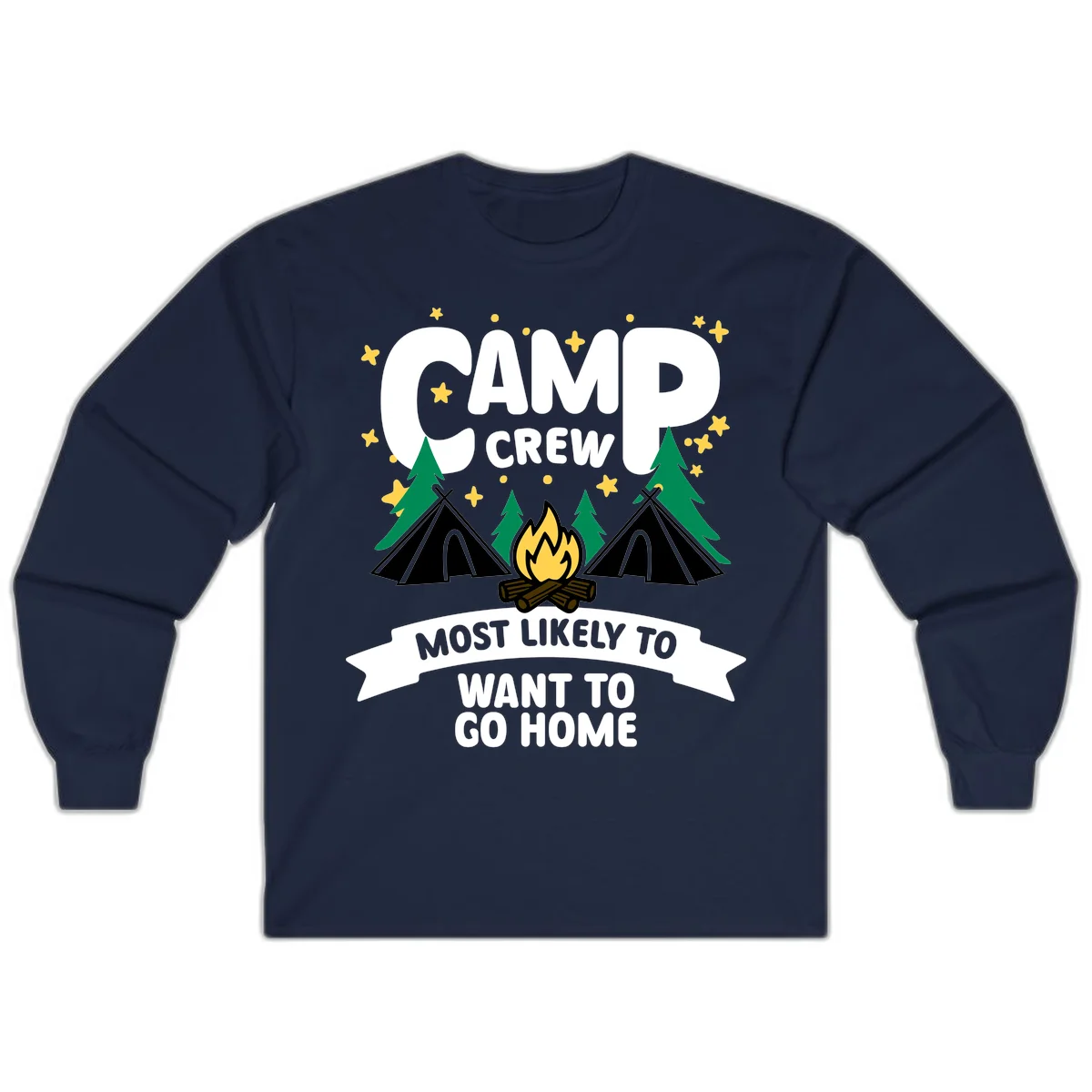Camp crew most likely to want home design with campfire, teepees, trees and stars on gray background in Navy