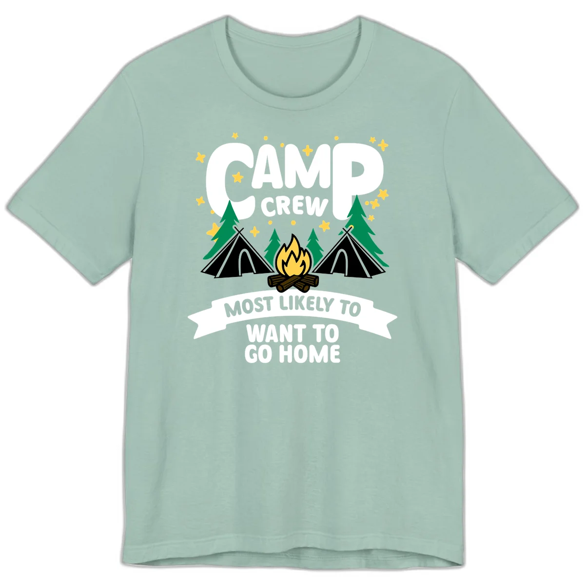 Camp crew most likely to want home design with campfire, teepees, trees and stars on gray background in Dusty Blue