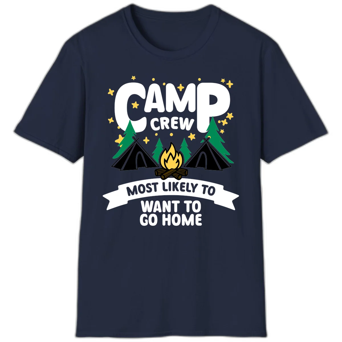 Camp crew most likely to want home design with campfire, teepees, trees and stars on gray background in Navy