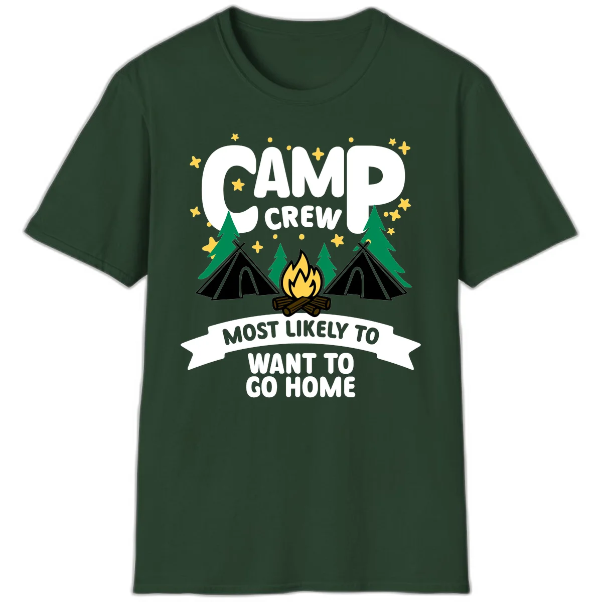 Camp crew most likely to want home design with campfire, teepees, trees and stars on gray background in Forest Green
