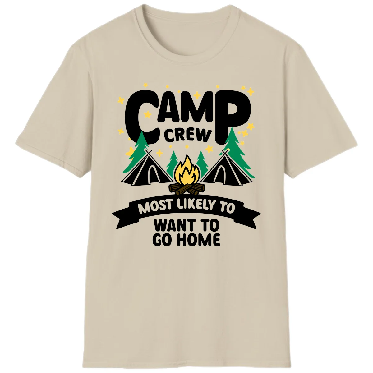 Camp crew most likely to want home design with campfire, teepees, trees and stars on gray background in Sand