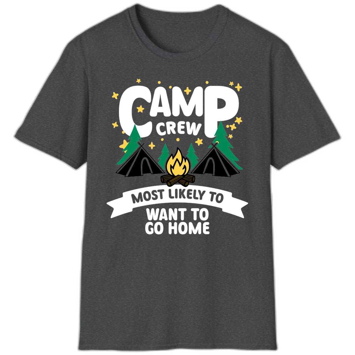 Camp crew most likely to want home design with campfire, teepees, trees and stars on gray background in Dark Heather