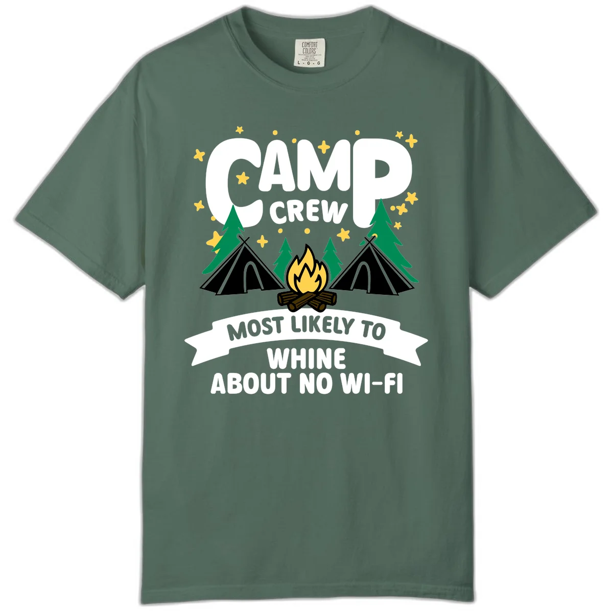 Camp crew most likely to whine about no wifi design with campfire, teepees, and stars on gray background in Blue Spruce