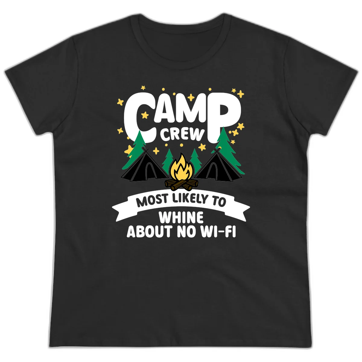 Camp crew most likely to whine about no wifi design with campfire, teepees, and stars on gray background in Black