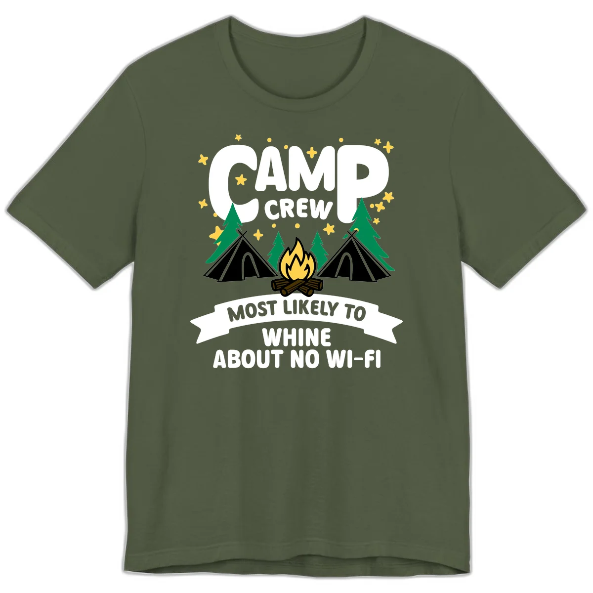 Camp crew most likely to whine about no wifi design with campfire, teepees, and stars on gray background in Military Green