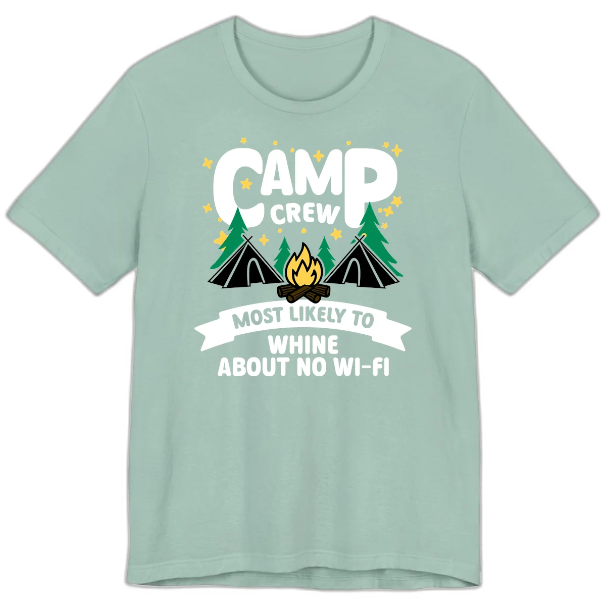 Camp crew most likely to whine about no wifi design with campfire, teepees, and stars on gray background in Dusty Blue