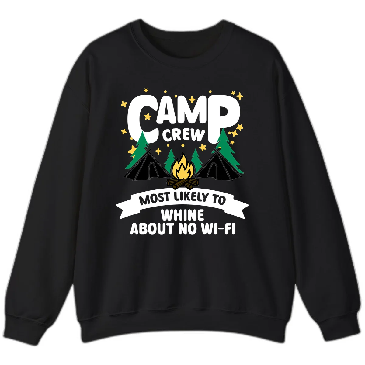 Camp crew most likely to whine about no wifi design with campfire, teepees, and stars on gray background in Black