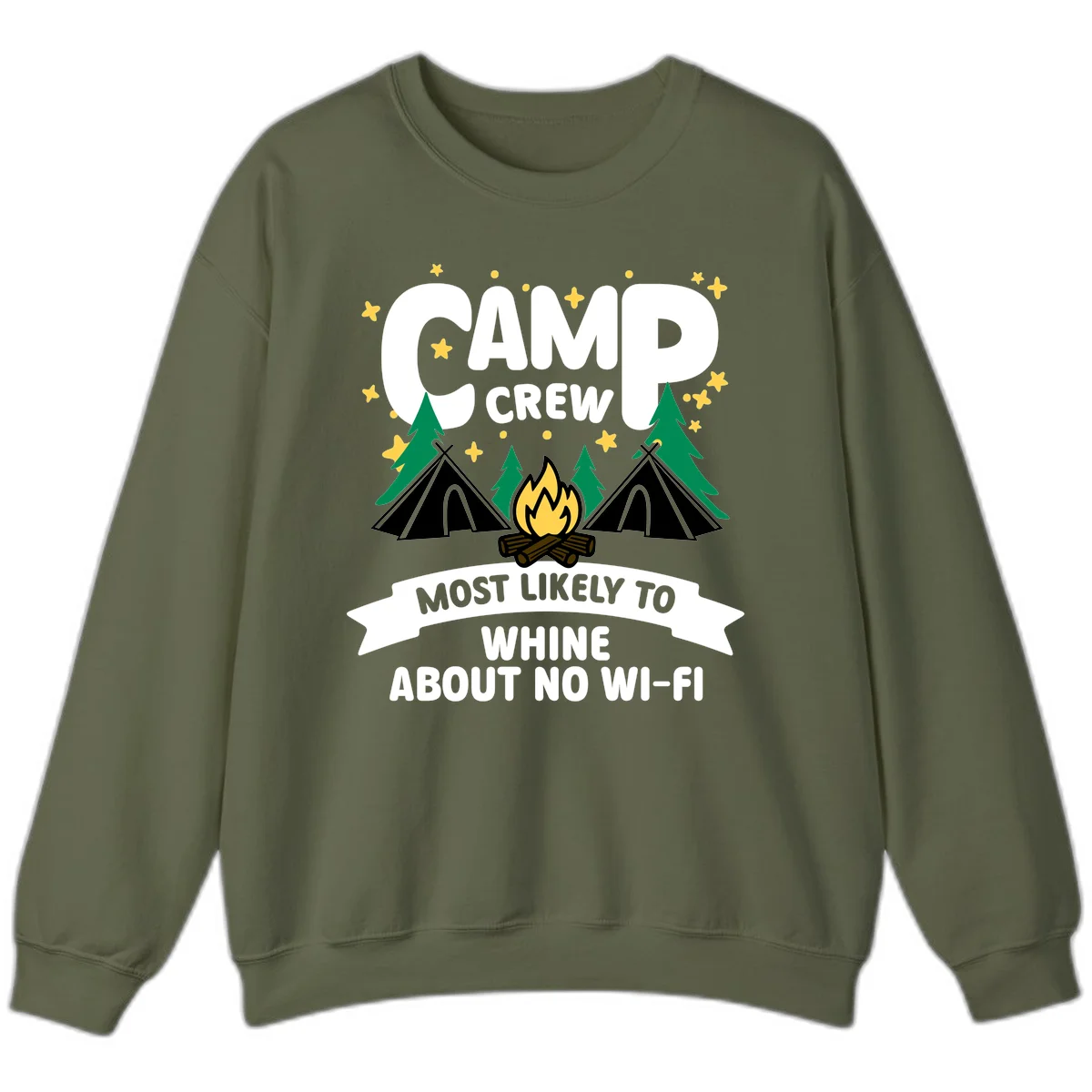 Camp crew most likely to whine about no wifi design with campfire, teepees, and stars on gray background in Military Green