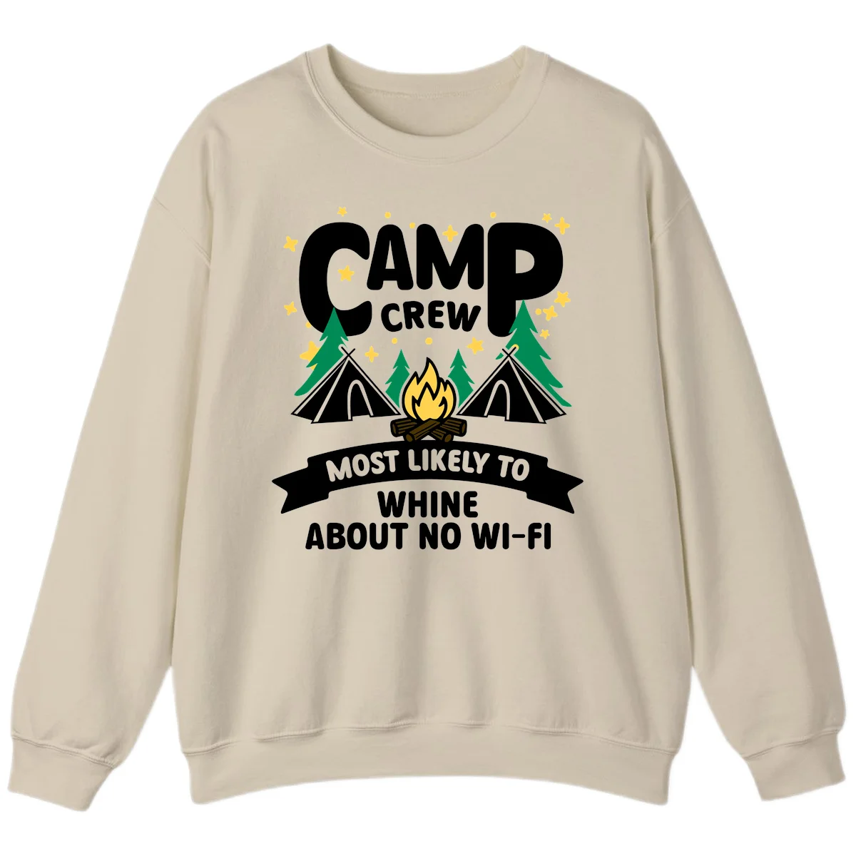 Camp crew most likely to whine about no wifi design with campfire, teepees, and stars on gray background in Sand