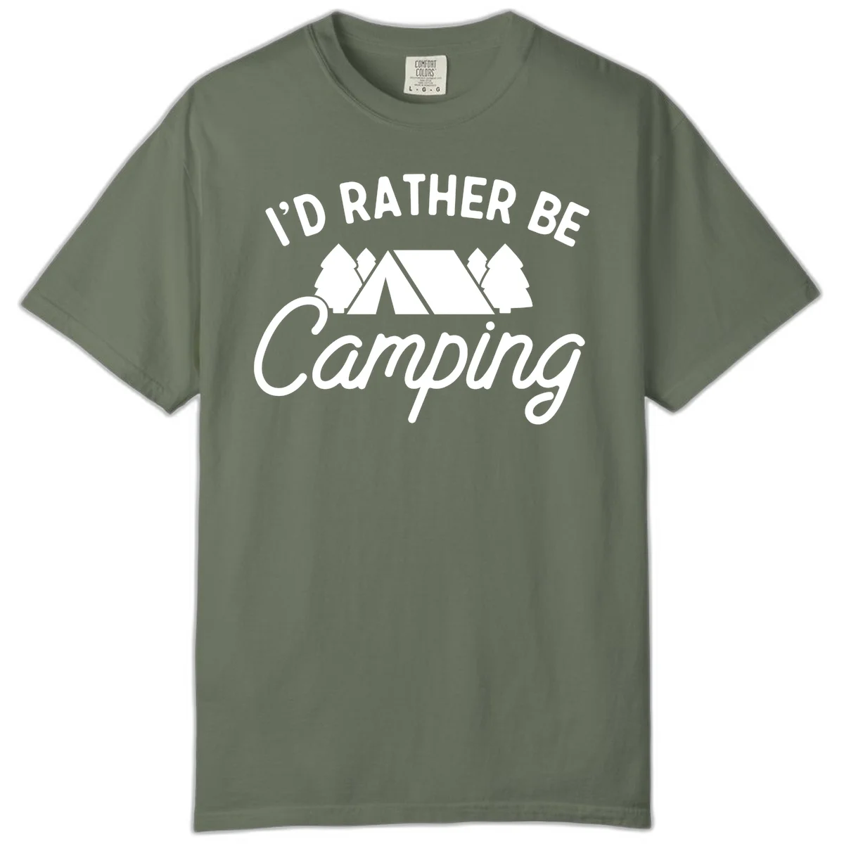 White tent between two evergreen trees with text reading 'I'd Rather Be Camping' on gray background in Moss