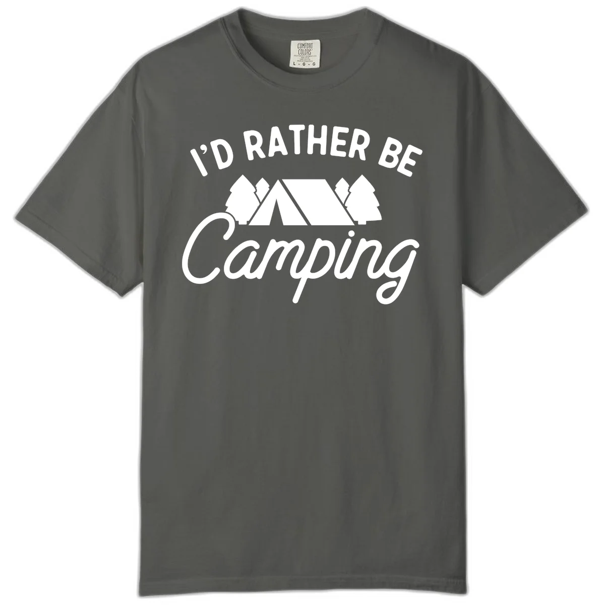White tent between two evergreen trees with text reading 'I'd Rather Be Camping' on gray background in Pepper
