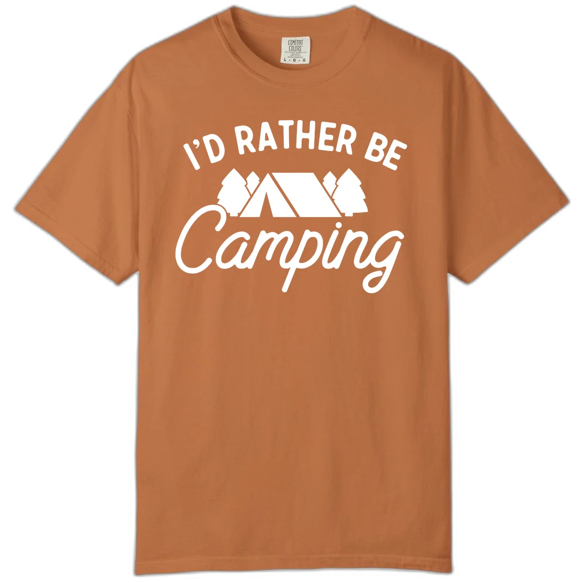 White tent between two evergreen trees with text reading 'I'd Rather Be Camping' on gray background in Yam