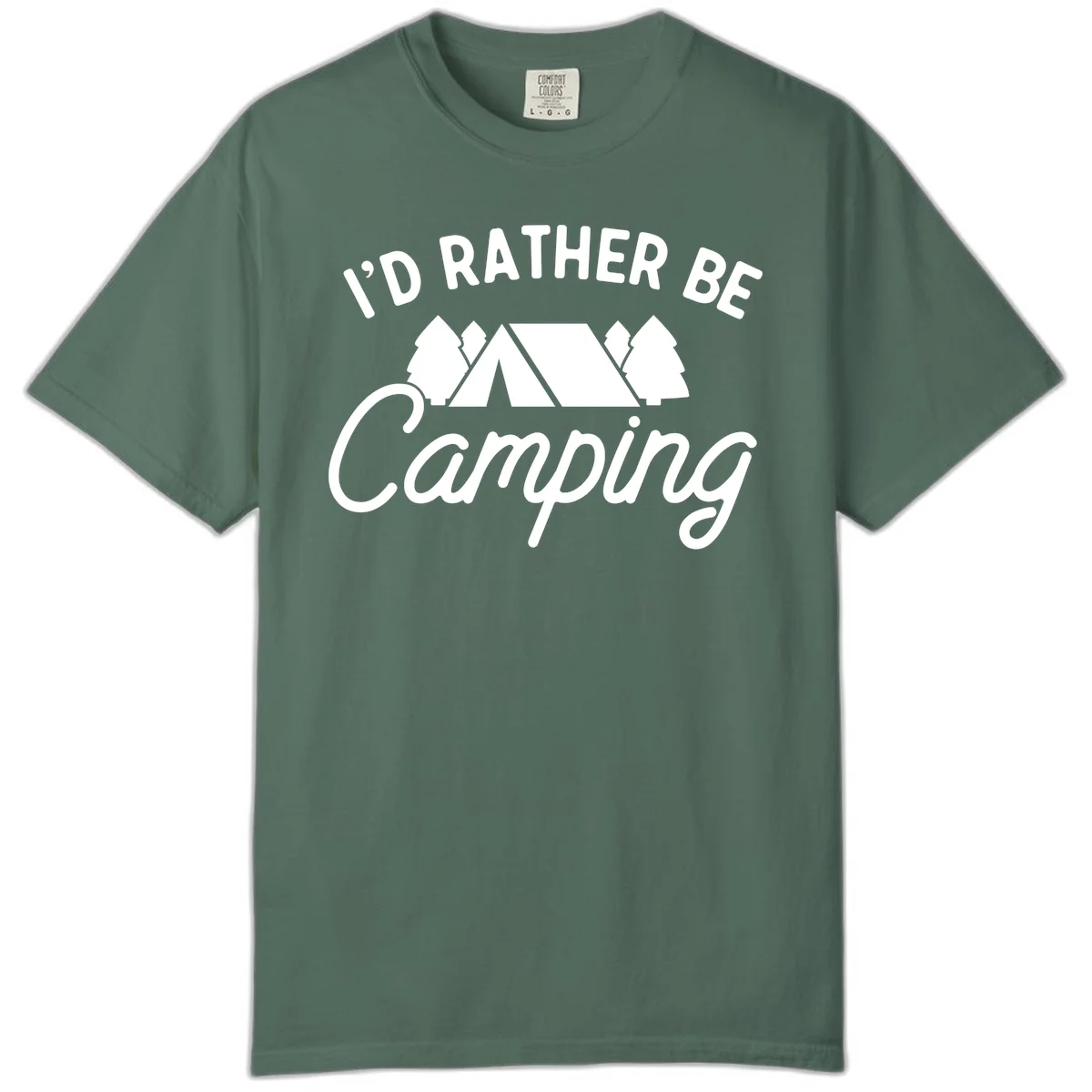 White tent between two evergreen trees with text reading 'I'd Rather Be Camping' on gray background in Blue Spruce