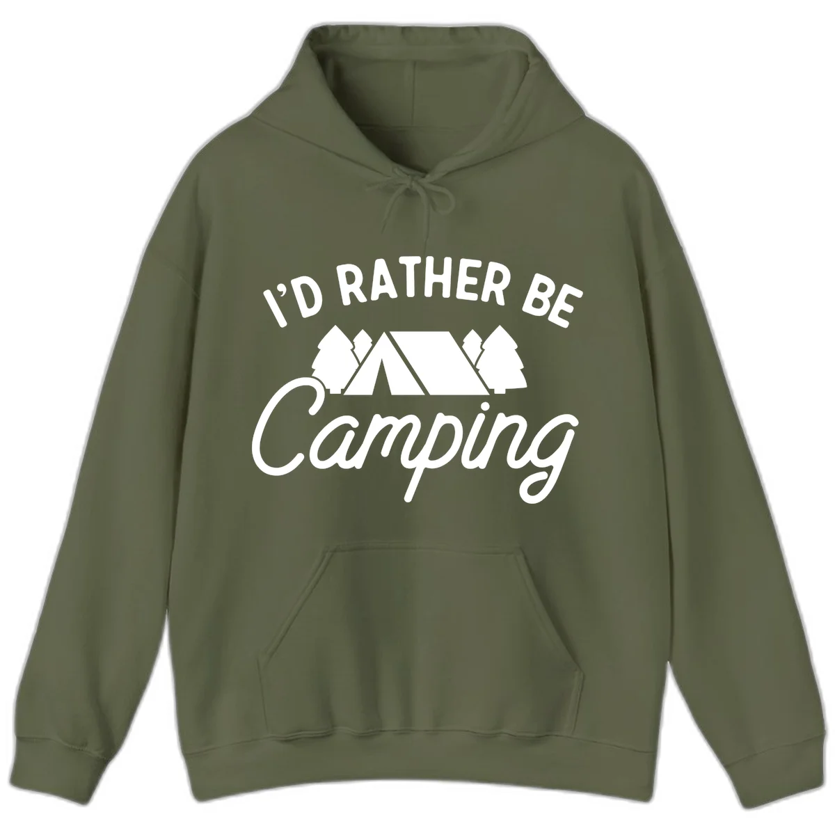 White tent between two evergreen trees with text reading 'I'd Rather Be Camping' on gray background in Military Green