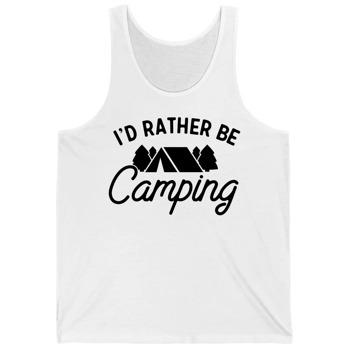 White tent between two evergreen trees with text reading 'I'd Rather Be Camping' on gray background in White