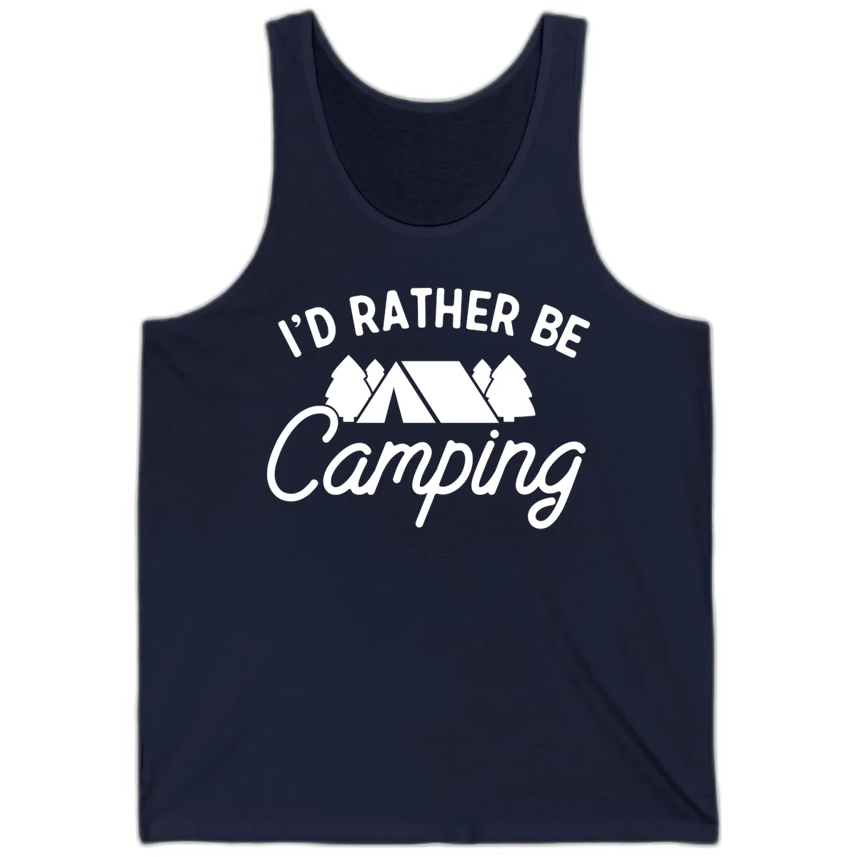 White tent between two evergreen trees with text reading 'I'd Rather Be Camping' on gray background in Navy