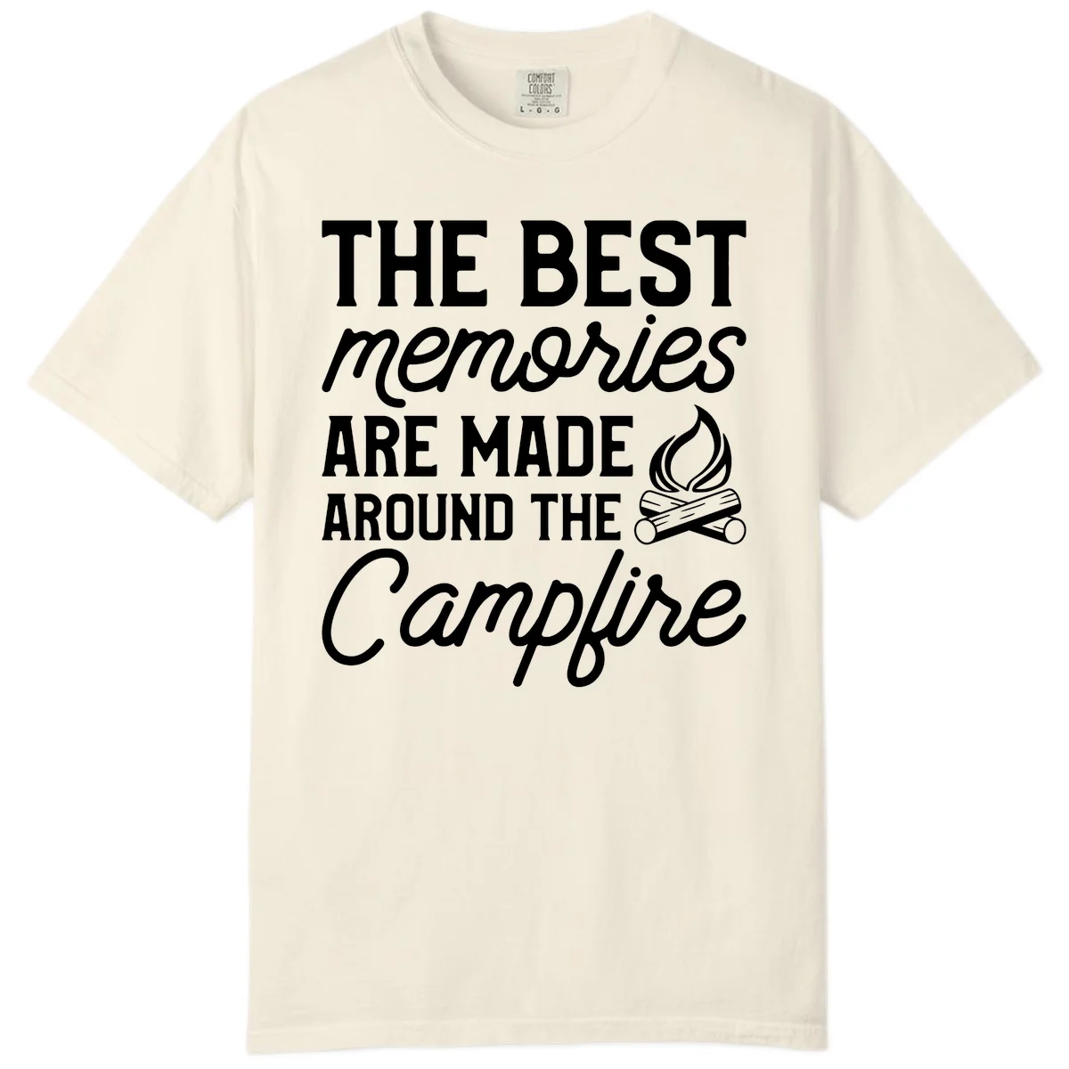 White text reading 'The Best Memories Are Made Around The Campfire' with a campfire illustration on gray background in Ivory