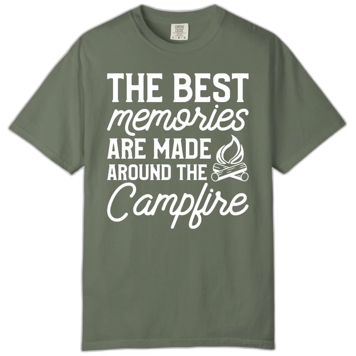White text reading 'The Best Memories Are Made Around The Campfire' with a campfire illustration on gray background in Moss