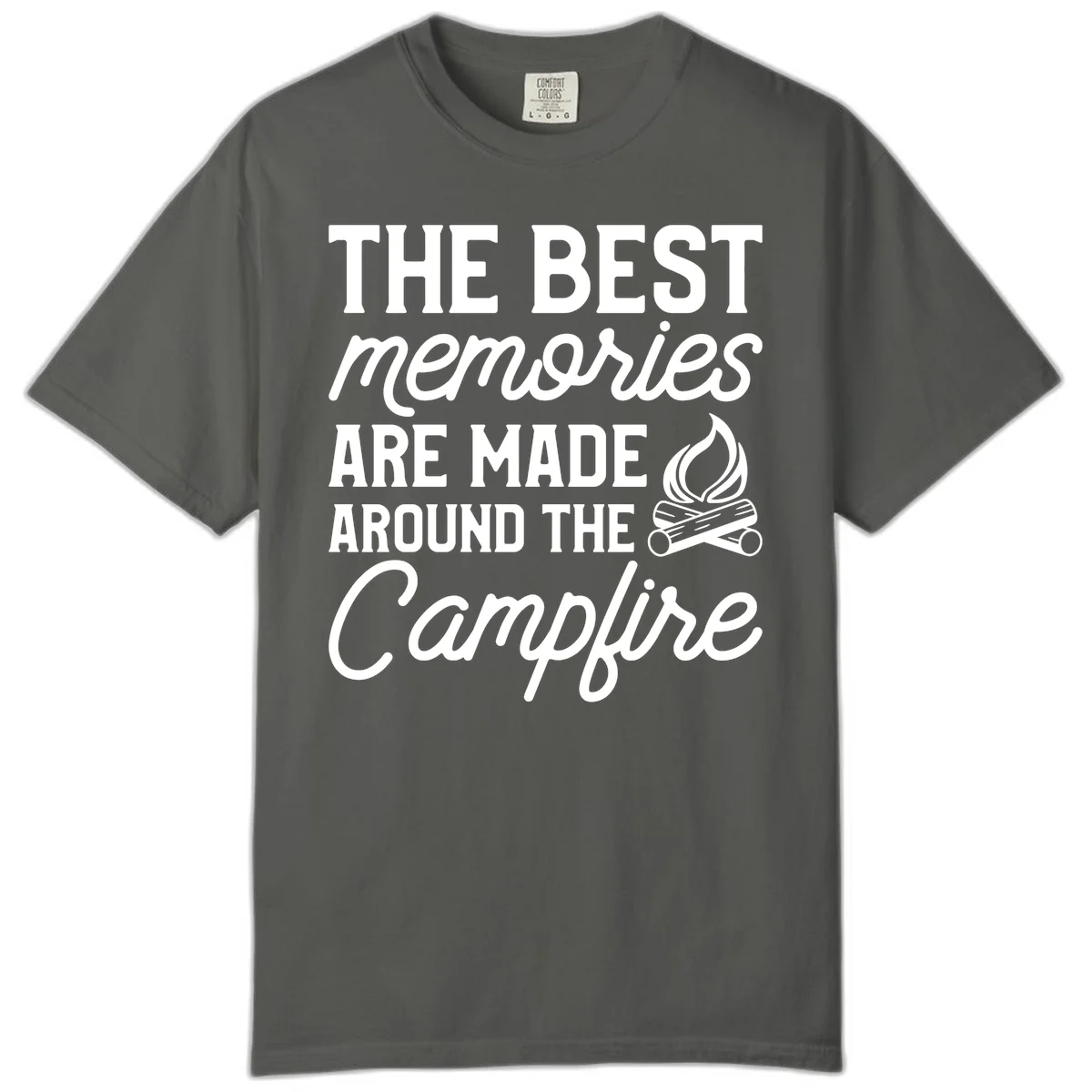 White text reading 'The Best Memories Are Made Around The Campfire' with a campfire illustration on gray background in Pepper
