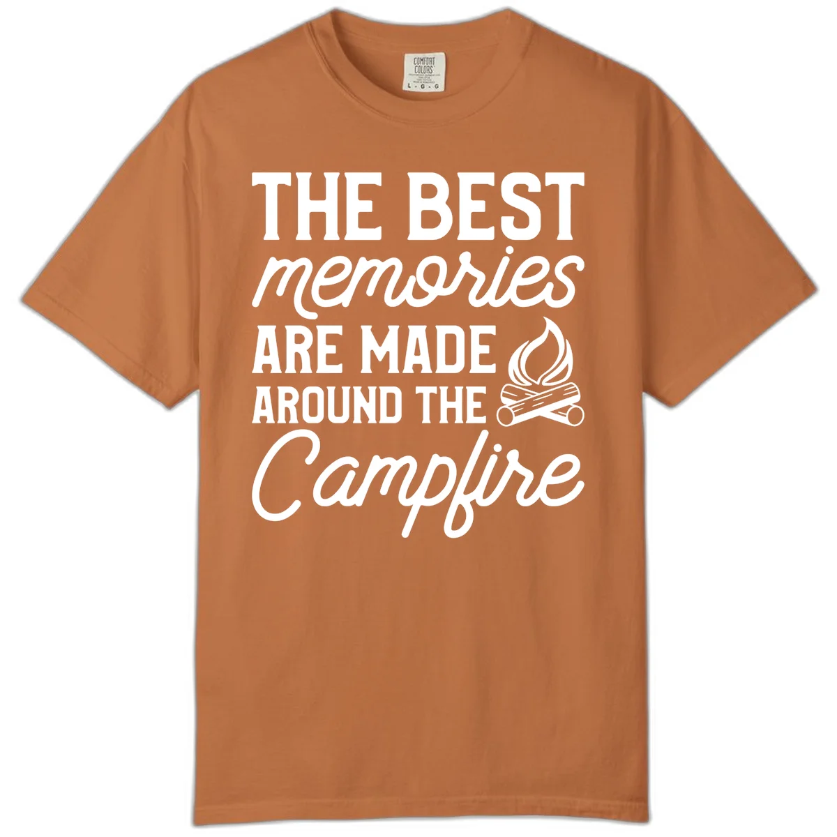 White text reading 'The Best Memories Are Made Around The Campfire' with a campfire illustration on gray background in Yam
