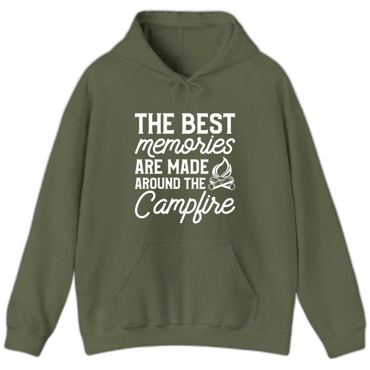White text reading 'The Best Memories Are Made Around The Campfire' with a campfire illustration on gray background in Military Green