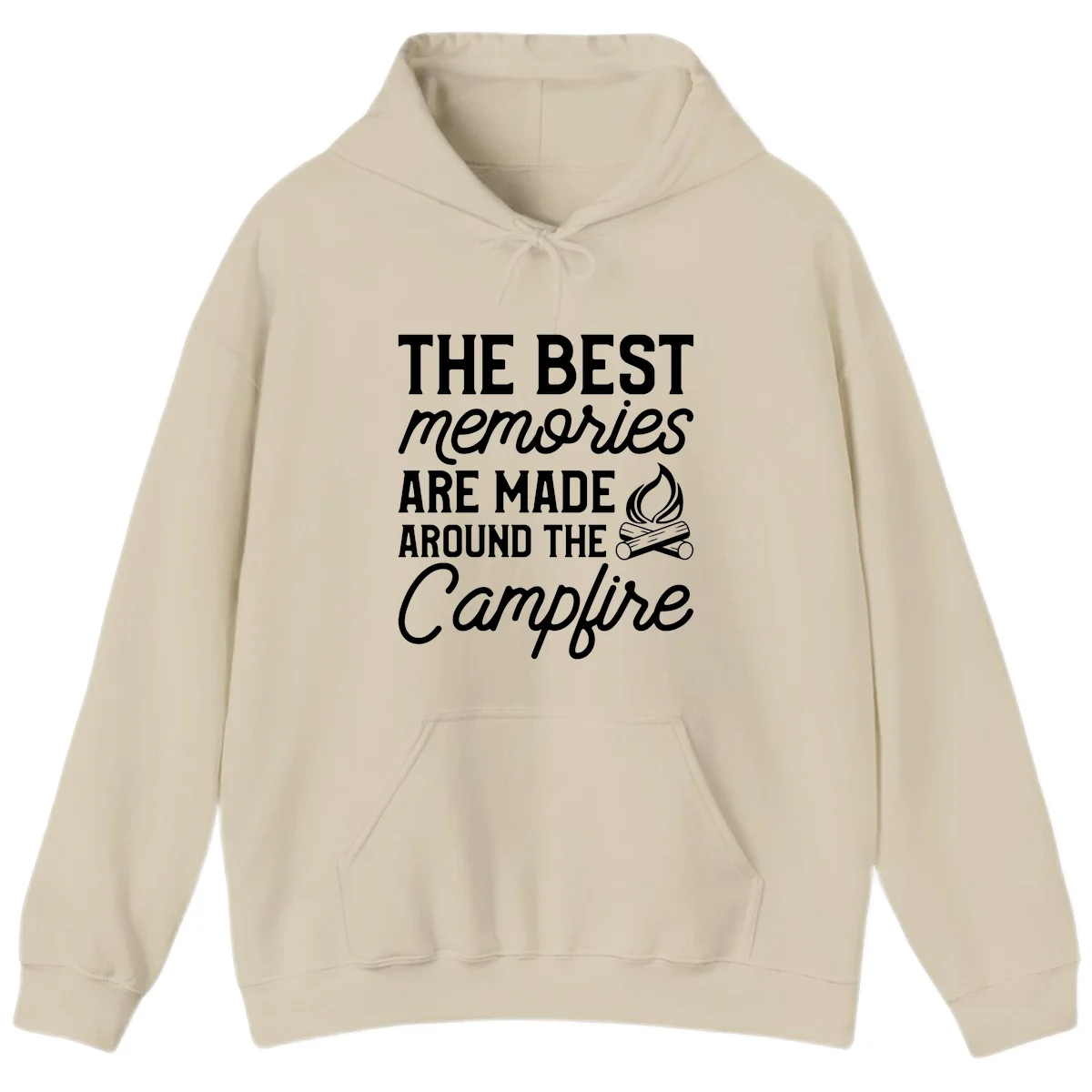 White text reading 'The Best Memories Are Made Around The Campfire' with a campfire illustration on gray background in Sand