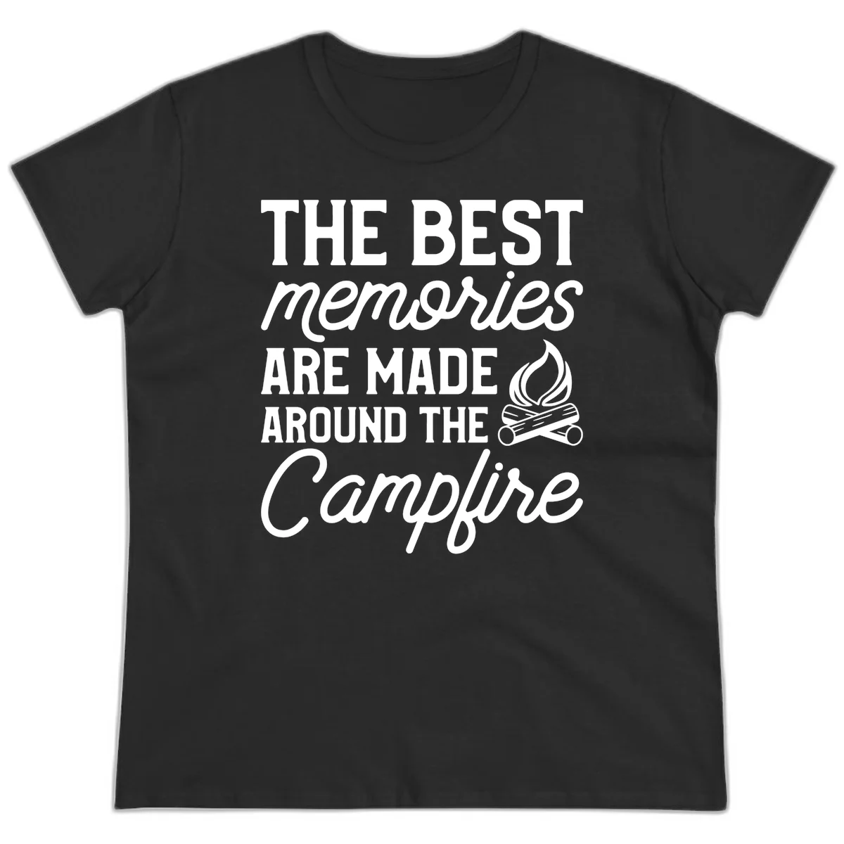 White text reading 'The Best Memories Are Made Around The Campfire' with a campfire illustration on gray background in Black