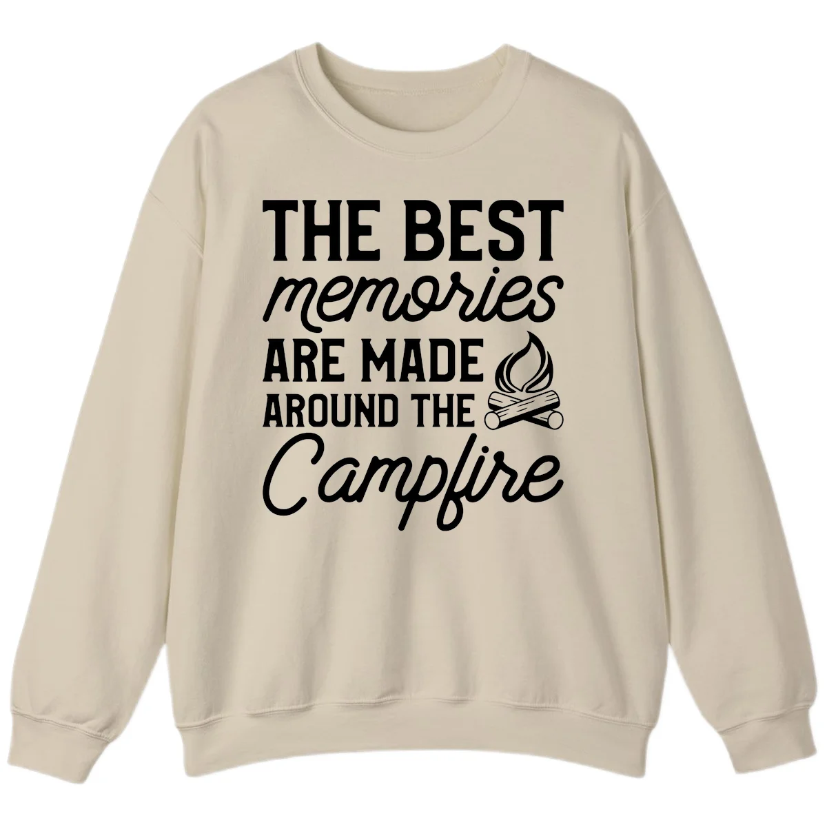 White text reading 'The Best Memories Are Made Around The Campfire' with a campfire illustration on gray background in Sand
